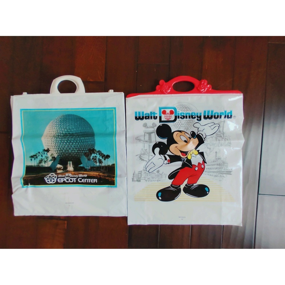 Set Of 2 Walt Disney World Vintage Plastic Shopping Bags EPCOT Mickey Mouse